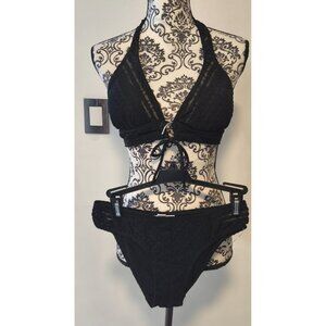 Robin Piccone Black Bikini Set V-Neck Halter Mid Rise Bottom Sz M Solid